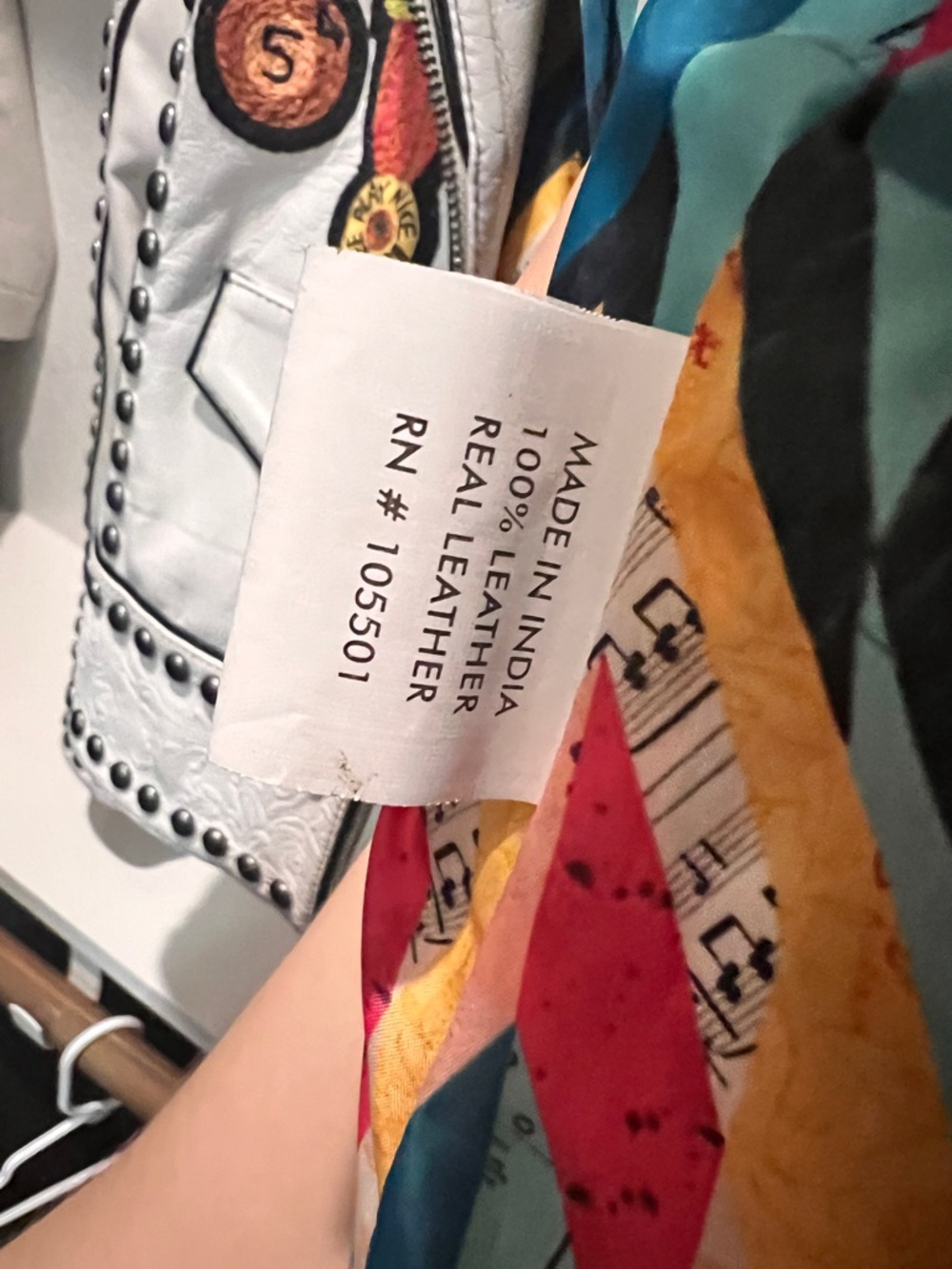 Double D Ranch White Señorita Studded Leather Jacket with Colorful Patch Accents - Picture 3 of 5